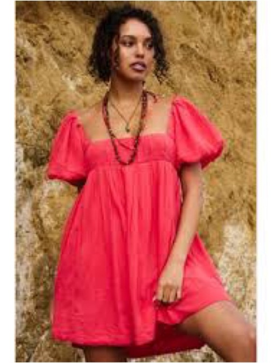 Free People Dresses & Skirts - Free People Marina Mini Dress red Coral Red Textured Gauze  puff sleeve Large